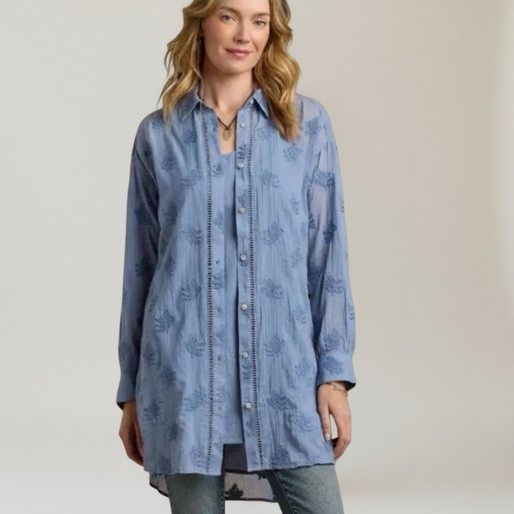 SUNDANCE Petite Small Cloverfield Embroidered TUNIC Shirt Top‎ Blue
